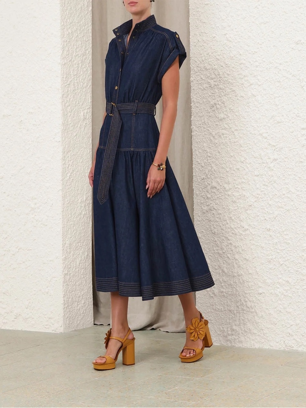 Zimmerman Denim Belted Puff Sleeve Midi-Dress - Picture 3 of 9